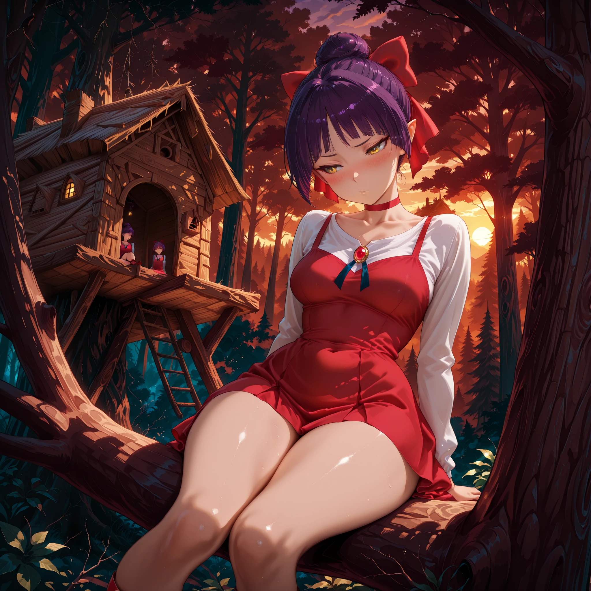 masterpiece, best quality, illustration, 
(treehouse, wooden hut on a tree, small cabin in the forest, built on branches:1.3), mystical forest, old wood, mossy roof, fantasy setting, elevated house, traditional japanese style, 1girl, solo, nekomusume, short hair, purple hair, single hair bun, hair bow, red bow, yellow eyes, pointy ears, red choker,  medium breasts, nekonedef, collarbone, long sleeves, white shirt, brooch, short dress, pinafore dress, red dress, high heels, red footwear, thigh-highs, sitting, knees together, (head tilt), in heat,  sulking, half closedeyes, blush, (dutch angle:0.8), outdoors, evening, Sunset, complex art, 
SmoothNoob_Quality, masterpiece, best quality, amazing quality, very aesthetic, ultra-detailed
