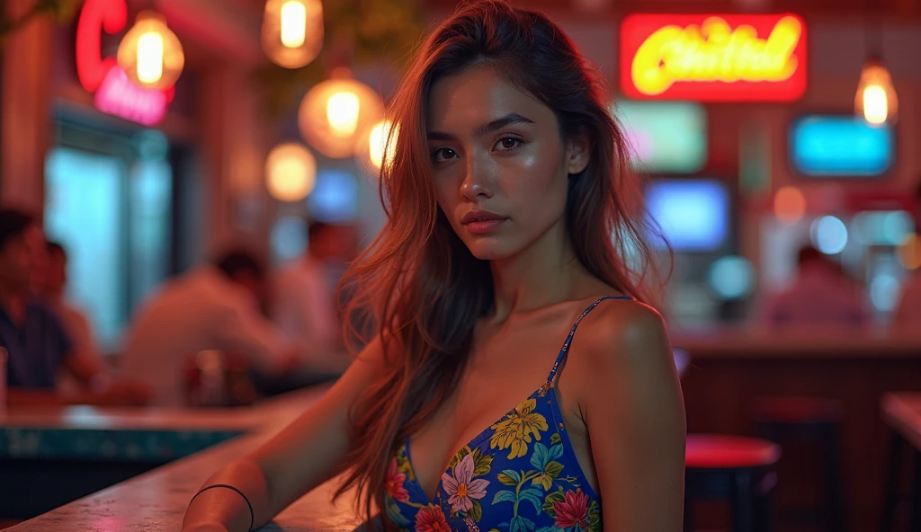 8k, high resolution, masterpiece, ultra-detailed, full body shot (cute girl, young, barely legal, tanned skin), (oversized loose blouse over micro bikini, short, wide neckline, deep neckline, random color, bikini underneath), (cozy cabana, shiny silky sheets, outdoor, tropical ressort after a sunbath, wet, at dusk), (medium breasts, small hips, detailed face, long slick ponytail hair, tattoos), moody atmosphere, random dramatic and neon colors, futuristic setting, intricate details, at night, backlit, full body shot