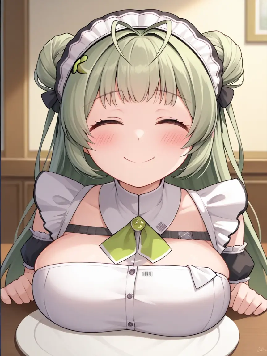 head on table, score_9, score_8_up, score_7_up, source_anime, BREAK 1girl, sdrnd, green hair, long hair, bangs, double bun, antenna hair, blush, , smile, shy, embarrassed, smile, , maid, mansion, room, looking down, from bellow, seductive smile, table, happy, very happy, open mouth, salivating, saliva, , tongue out, uvula, tongue, big mouth, large tongue, long tongue, , closed eyes, big breasts, standing, dress lift, navel, hand on stomach side, on side,