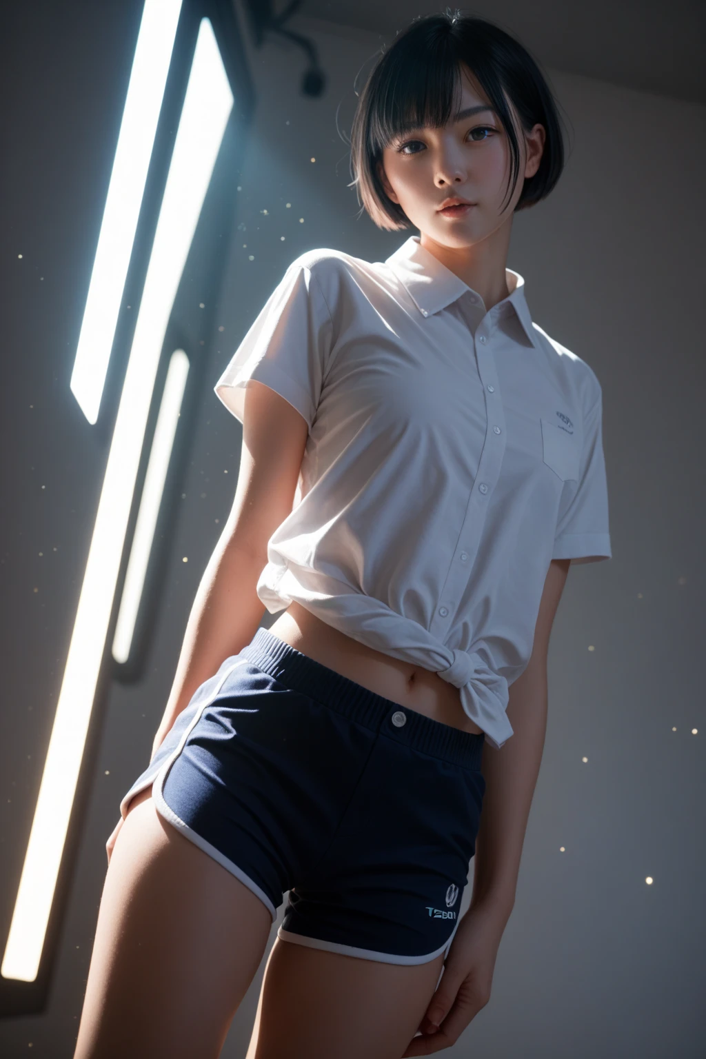 low angle,from below,((full body,face toward the viewer)),(kneeling dwon on the king size beautiful bed),(illustration), ((1guy,very short black hair)),((masterpiece, highest resolution,best quality)),shirt and shorts, (eyes closed),sweat,mouth open,cinematic lighting,modern elegant beautiful gorgeous hotel room,night