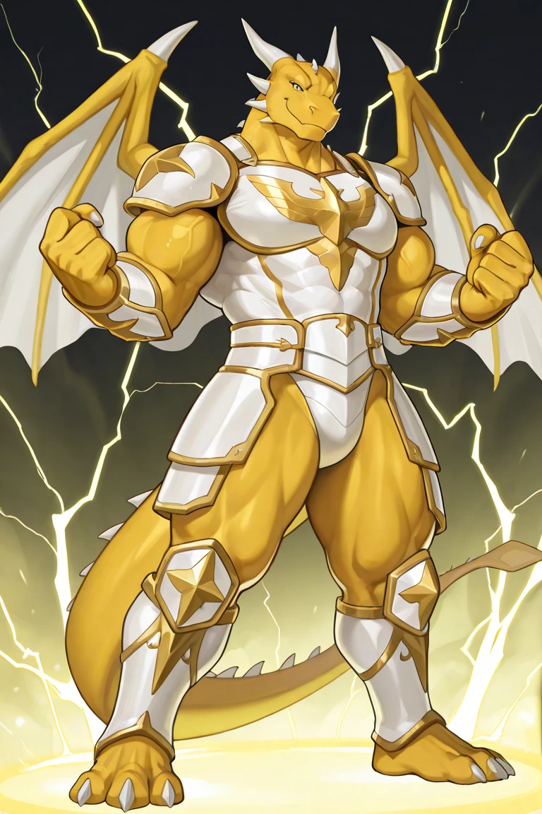Furry muscular yellow and white dragon in swimsuit with wings