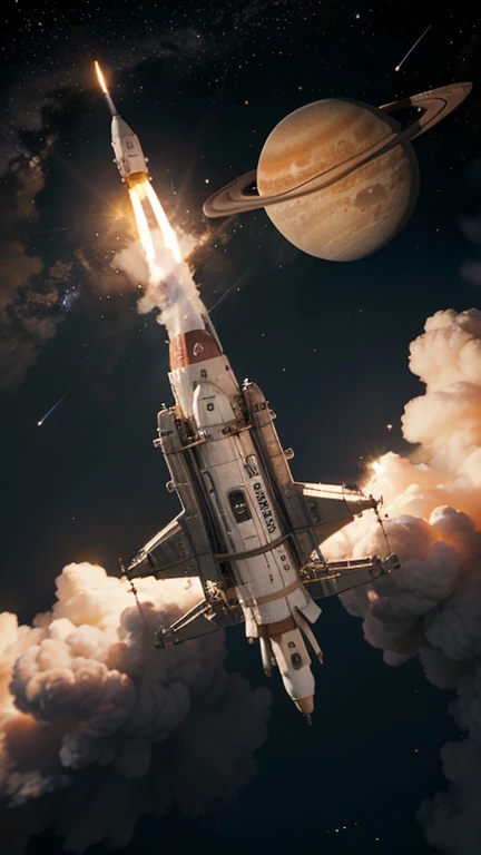 banner, shows a Russian rocket in outer space, outer space, stars, in the background the planet Earth and the flag of the Soviet Union red flag, behind it a large crowd of Russians, and a Russian city, communist symbols, soviet style propaganda, russian letters