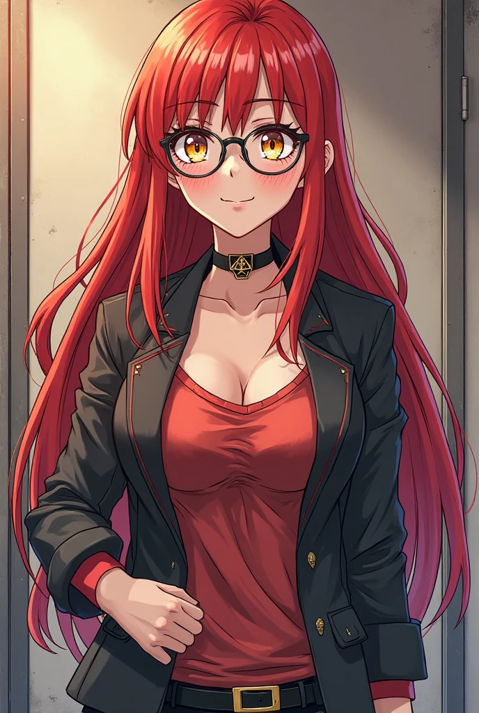 1girl, anime, long hair, red hair, green eyes, tight blouse, spaghetti strap, choker, large breasts, cleavage, partially open shirt, spandex shorts, beauty mark, slim waist, glasses, standing, thighhigh socks, outdoors, night, back alley, best quality, thick thighs,