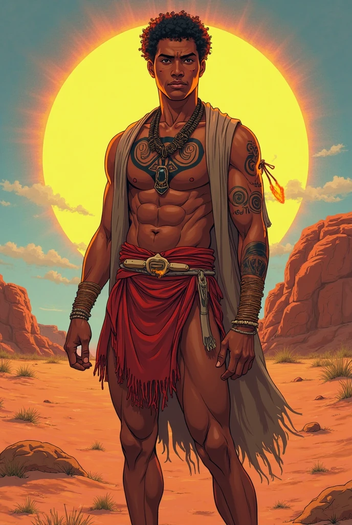 gabriel picolo, solo,1boy, muscular, pectorals, dark skin, black hair, glowing eyes, red eyes, mole under eye, wild hair, pelvic curtain, sandals, night, moon, star \(sky\), palm tree, (turquoise theme), <lora:gabriel picolo-000009:0.7>