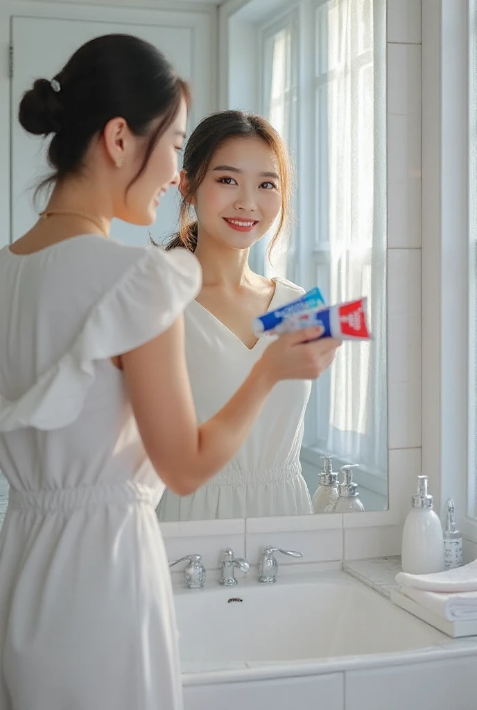A chic and modern portrait of a 20-year-old Japanese woman smiling playfully, holding a portable handy mini size clear stick bottle of mouth spray in her hand. She is dressed in a stylish, light-pink shirt, with her hair styled elegantly. The background is a pristine white, illuminated by bright natural light. The image captures the perfect blend of fashionable aesthetics and a sense of freshness.