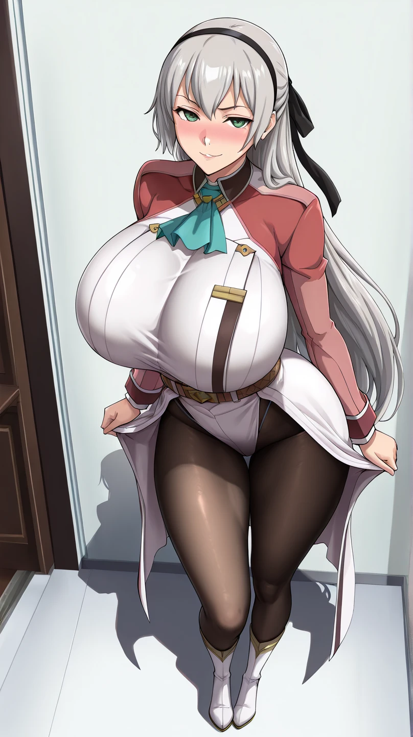 Elaborate CG artwork, (best qualtiy, exquisite detailing, absolute masterpiece), (Head to Toe Image)), ((Full body image)),((frombelow,posterior view)),(plus size model)),((White tight military uniform and white pleated mini skirt,White high-heeled thigh boots)), (((mahogany colored dark skin))), ((shorth hair)),(独奏,Beautiful with mahogany black skin、Immaculate costume、Wear white high-heeled thigh-high boots),(((Light silver hair))), Detailed beautiful mature face, very detailed beautiful face and eyes, (detailed seductive and sharp eyes), (plump shiny purple lips)), (Purple Eye Shadow), blush, (sadistic seductive smile), (Curvaceous), ( unbelievably huge curvaceous hips), (very huge sensual ass), (ridiculously massive thick thighs), (glittery skin), (wet oily skin), Fingernail Art, Jewelry, Bracelet, hoop earrings