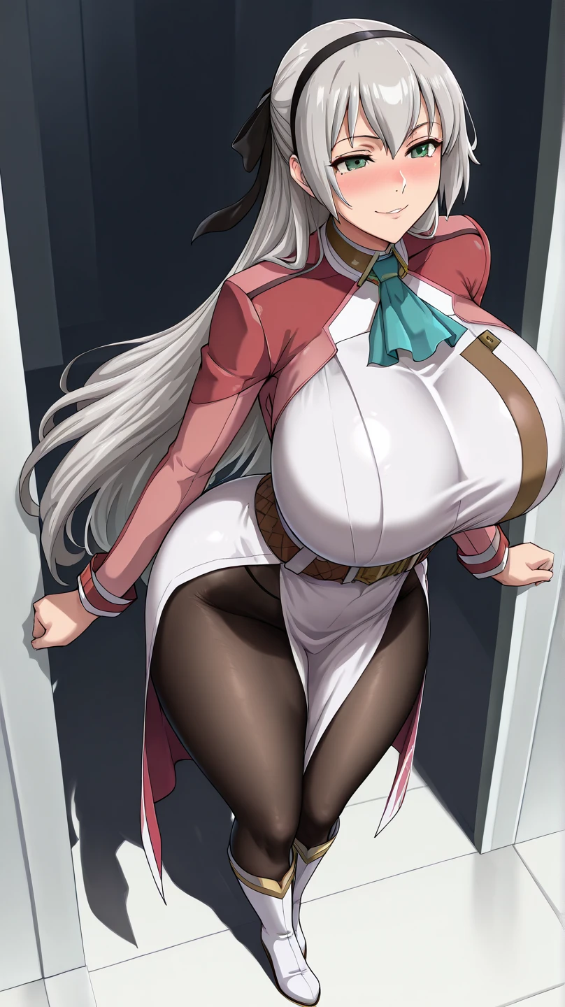 Woman with long silver hair, curvy body, wearing a long coat and a beautiful white frilly dress underneath, she also has blue eyes, and a big smile