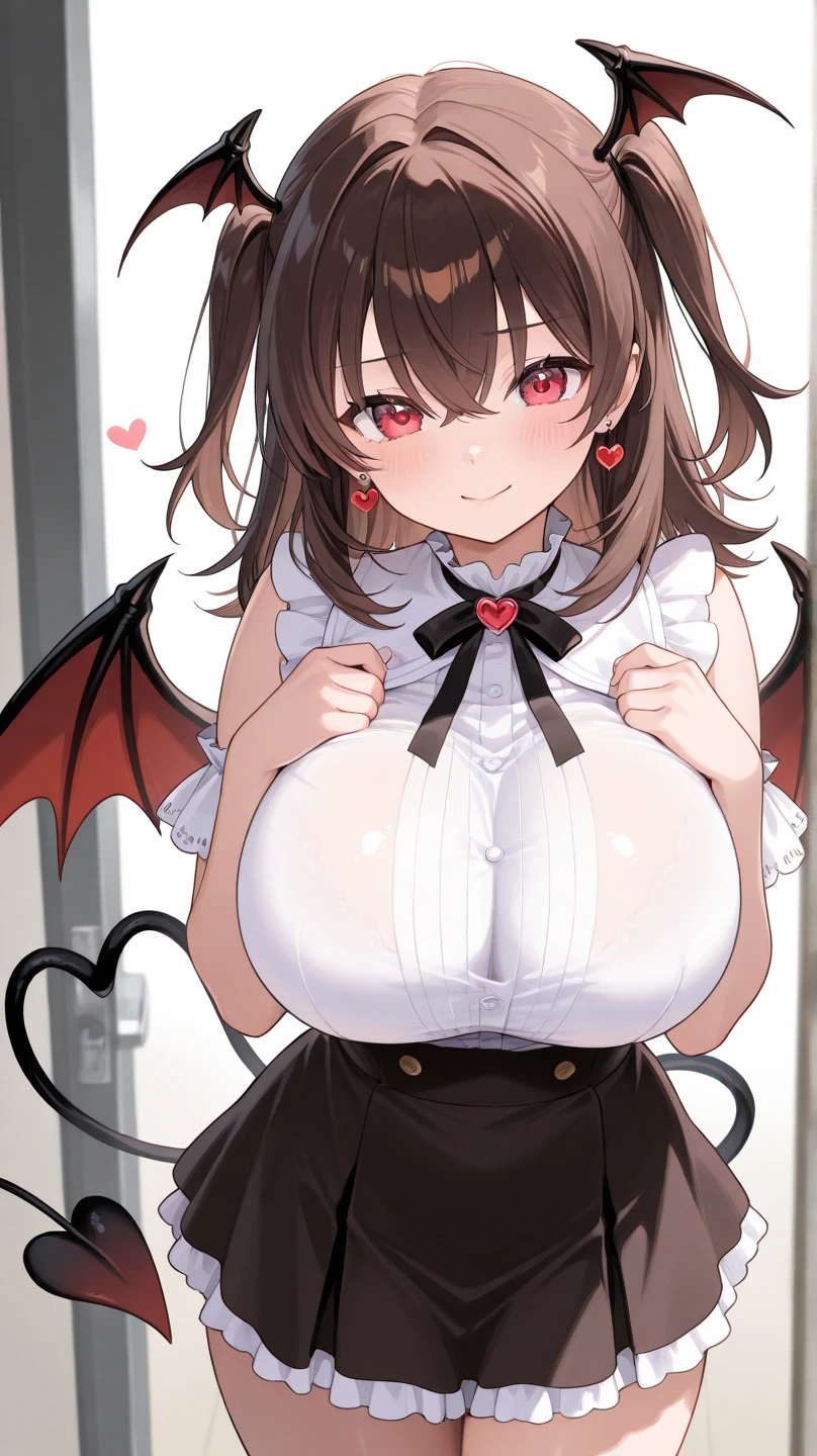 masterpiece, best quality, finely detailed, high resolution, 1girl, brown long hair, brown hair, heart on cheek, pink eyes, showing butt, fskinny waist, big hips, disgusted face, gross face, sexy, pink, (huge breasts), narrow waist, (huge thighs), huge horns, vampire, evil, disgusted face, angry face, narrow eyebrows, mouth open, showing fangs, evil, pink background, space girl, mouth open, nose scrunched, really angry, evil smile, pink alien skin,, pink vampire, pink hearts, lhuge thighs, thick thighs, school uniform, school bully, sneer, angry, school bully