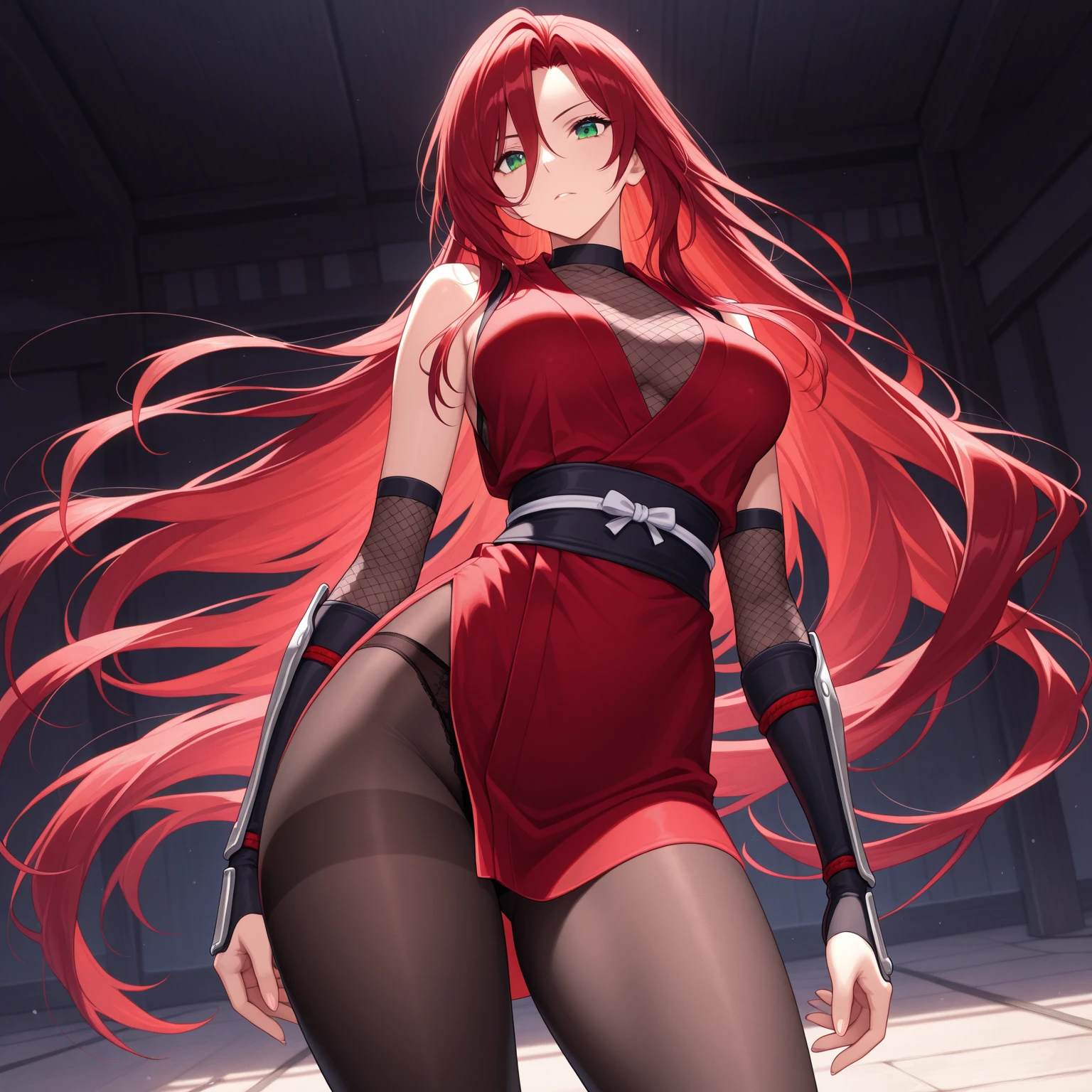 red eyes,red hair, (masterpiece, best quality), 1girl, torn clothes, (torn) playboy bunny, photo session, fishnet legwear,, arms behind back,
