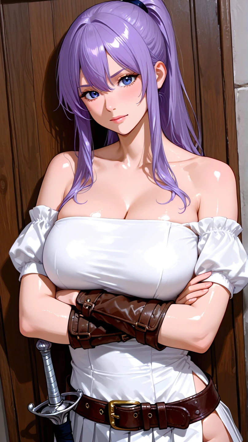 Asuna yuuki,sao anime style asuna \(sao\), 1girl, brown eyes, bright purple hair,Big breast,Fake big breast,Sculpted calves,Wide hips,Big ass,Tight tights,scoop Cleavage, Skindentation,Long thick Wavy hair,tank top with cleavage,mono color outfit,vertical bar earring,chain Dog tag necklace,multistrand necklace,((Solo)),((1girl)),Mature,Curvy figure,Swaying hips,Heels,Confident walk,eyelash,Bare leg,Light blush,Thick lips,Half eyes open expression,Calm expression,Red light district,Blunt bang hair,Body facing viewer,High quality,tattoo with image of Laughing coffin mark,laughing coffin guild,Bright purple hair,Lowrise jeans,Open navel,Symetrical bang,Standing,1hand in hips,Tanned skin,Colorless glossy lipstic,Thick lips