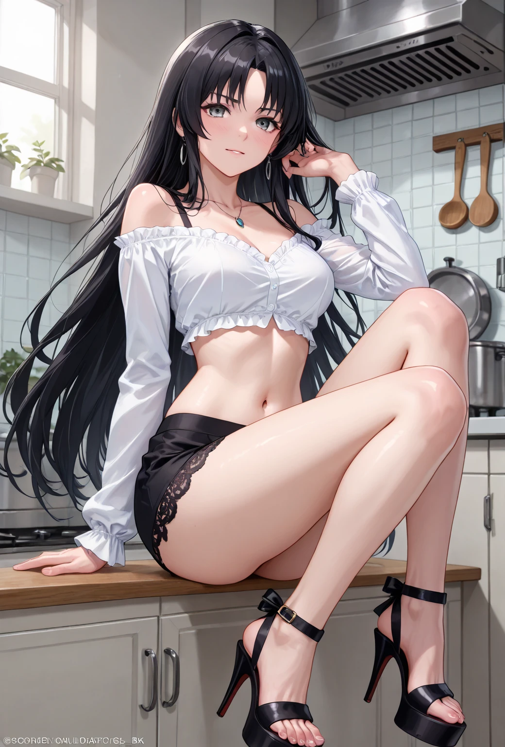 Ralph Bakshi Style, Curvy blue eyed girl with long wavy black hair and small breasts, nudity1.5, (extreme nsfw)2.5, torn tanktop, (tits out)1.5, lewd