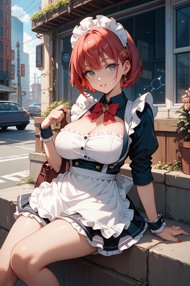 big breasts, Thick thighs, red short white dress, ),erect nippleature woman,on the road,