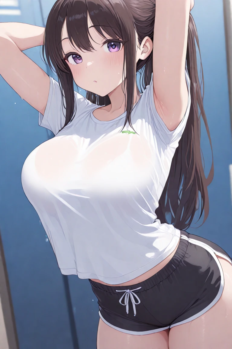 highest quality,wonderful,finely,extremely detailed CG Unity 8K wallpaper, (1 girl, black hair, side ponytail),(huge breasts:1.1),(gym uniform:1.3), (translucent:1.3), (black stockings:1.1),(Thighs:1.1),(constriction:1.1),(clothes pull:1.2)