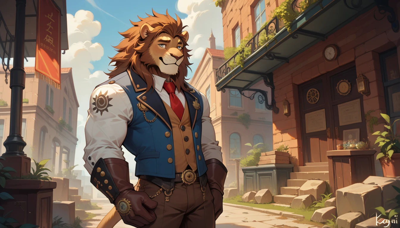 solo, male focus, lloydip, lion, blue eyes, blue nose, blue tongue, mane, vest, shirt, bow, sitting on chair, looking at viewer, smile, open mouth, teeth, detailed bar background, sunlight, masterpiece, intricate, ((detailed face, detailed eyes)), by zaush, (by personalami:0.5), erection, thick cock, 4k, hi res, best quality, masculine,