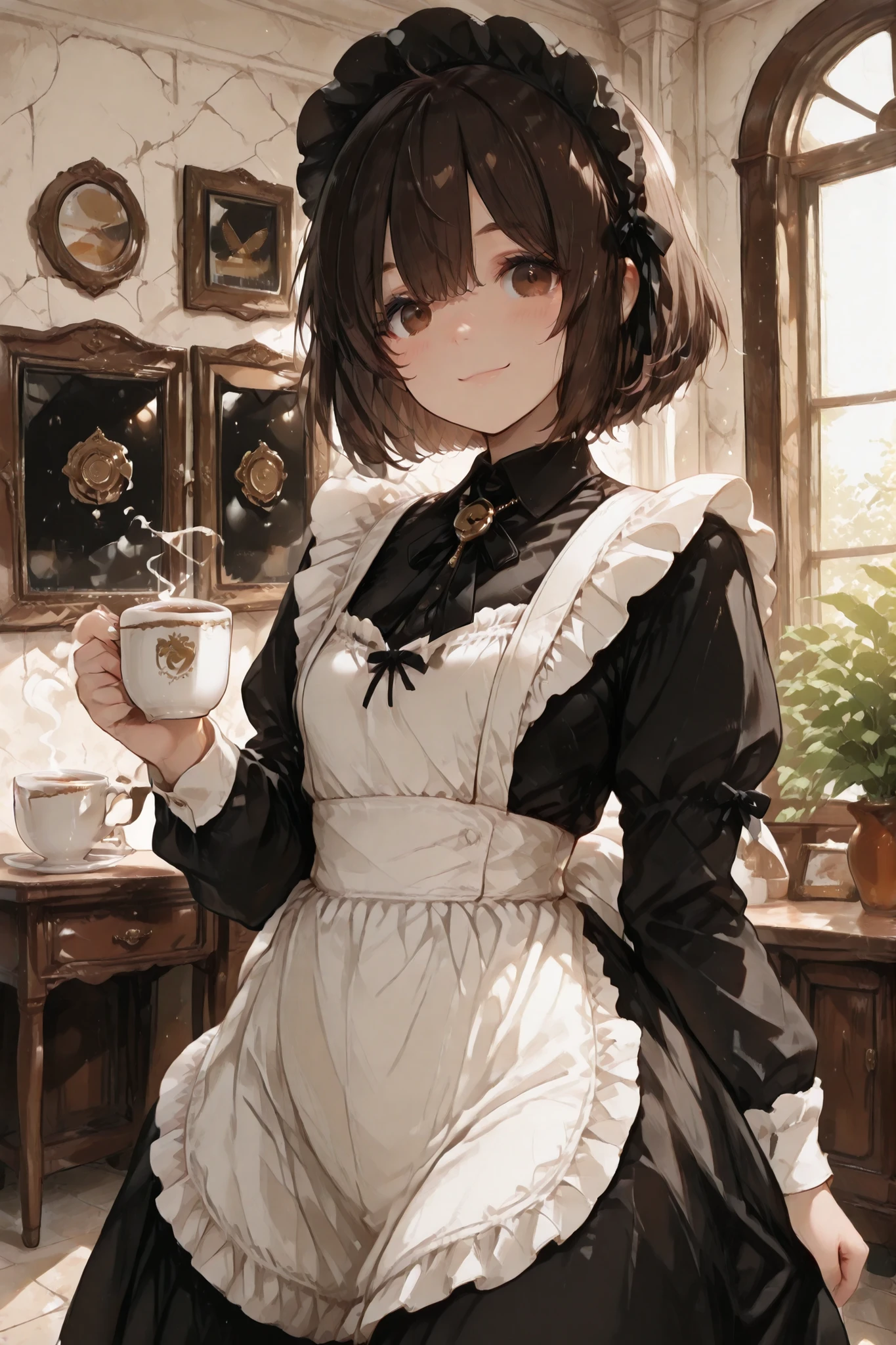 A high-quality, hand-drawn illustration, thick line art, clean and sharp details, anatomically correct, 1girl, adult,
Facial features:
round face, shining skin, ((detailed large brown eyes), tareme, naturally curved eyelashes, small and subtly defined nose, natural beauty,
Hair:
((Short and slightly messy dark brown hair)), bob,
Outfit:
((Tight white/black maid outfit)), accessory: locket necklace
Sizes:
((Chest 40 inches, waist 20 inches, hips 45 inches)),
Action:
standing gracefully, holding hot tea, looking at viewer, (beautiful smile), (from far away)
Background:
(Victorian era royal room), afternoon lighting