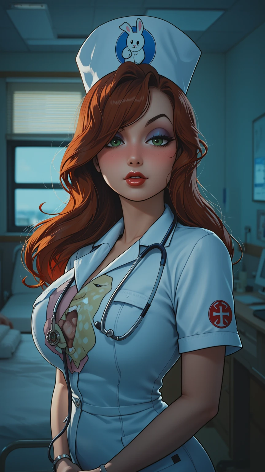 (((HD photo))), ultra high res.photorealistic:. 1.4, UHD, masterpiece, trending on artstation, portrait, 1girl, most beautiful in the world, closeup of her face and cleavage, (handjob, penis):1.4, soft, delicate, (long red hair), large sagging breasts, perfect figure, (wearing tight black sports bra), medical fetish, (white doctors coat), stethoscope, examination, sunkissed, hospital ward background, excessive cum,