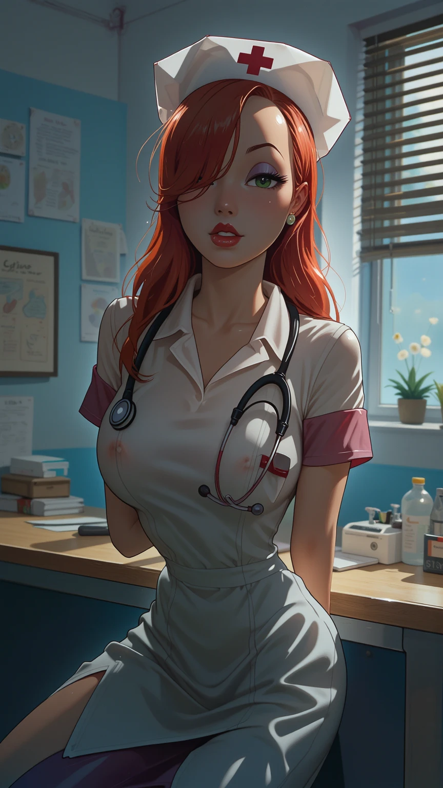 (((HD photo))), ultra high res.photorealistic:. 1.4, UHD, masterpiece, trending on artstation, portrait, full body shot, 1girl, pretty, cute face, most beautiful in the world, cleavage, soft, delicate, (medium red hair), perfect figure, (wearing white doctor uniform:1.2), leaning over, holding stethoscope:1.4, medical fetish, examination, sunkissed, hospital ward background, sfw provocative smirk, sultry look, seductive, 