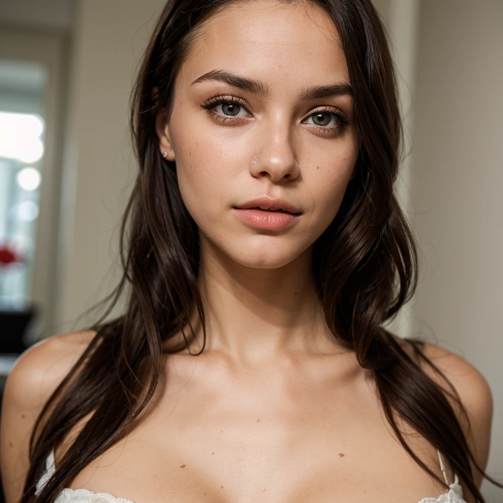 25 ans, brune, yeux marrons, delicate, professional light, flash lit, cheveux de longueur moyenne, grains de beauté, sourire romantique, Seductive look, bonne couverture, éclairée par les flashs des photographes, skin details, pores de la peau, visage fin, cheveux long, yeux marrons, HD, 8K, masterpiece, sexy, concours de miss France, fashion clothes, line parade, dentelle, voile, garter, mousseline, combinaison, victoria secret, ailes d'anges dans le dos, Fashion show, fashion show podium