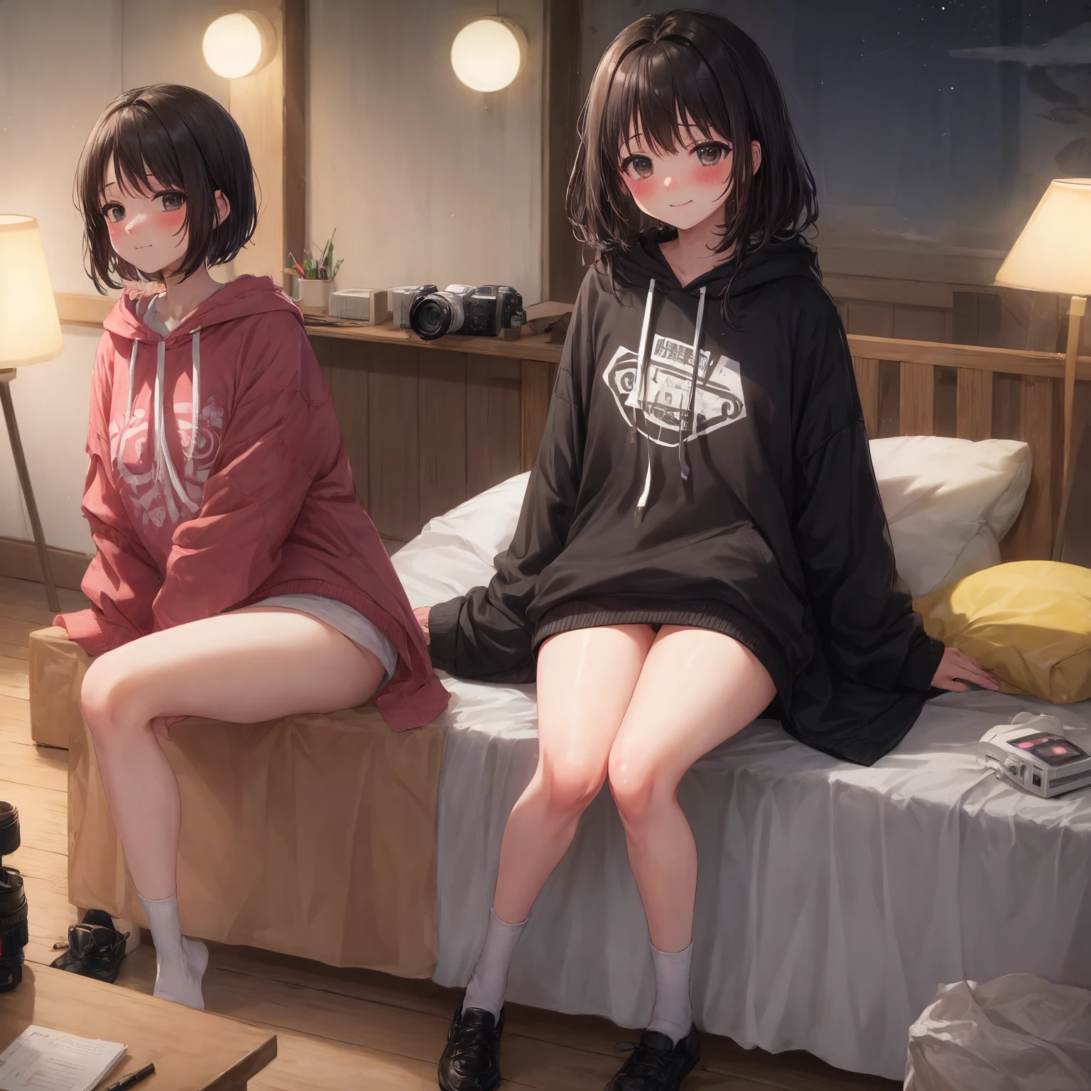 absurdres, RAW photo, extremely delicate and beautiful, masterpiece, Best Quality, ultra high resolution, 32k, hyperrealistic, ultra-detailed, delicate facial features, beautiful detailed woman, tearful mole, earring, medium breasts, (full body shot), medium hair, black hair, hoodie, sportswear,