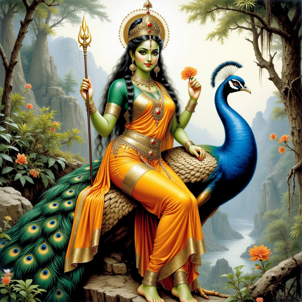 Very pretty looking indian godess ,with peacock dancing in rain in a pond ,with a fruit and flower basket ,and peacock feathers crown ,brown skin ,with glowing stick. Realistic futuristic