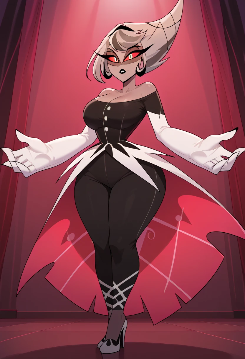 Angel Dust, hazbin hotel style, bimbo, big breast, alone, flip flops, walking, smug