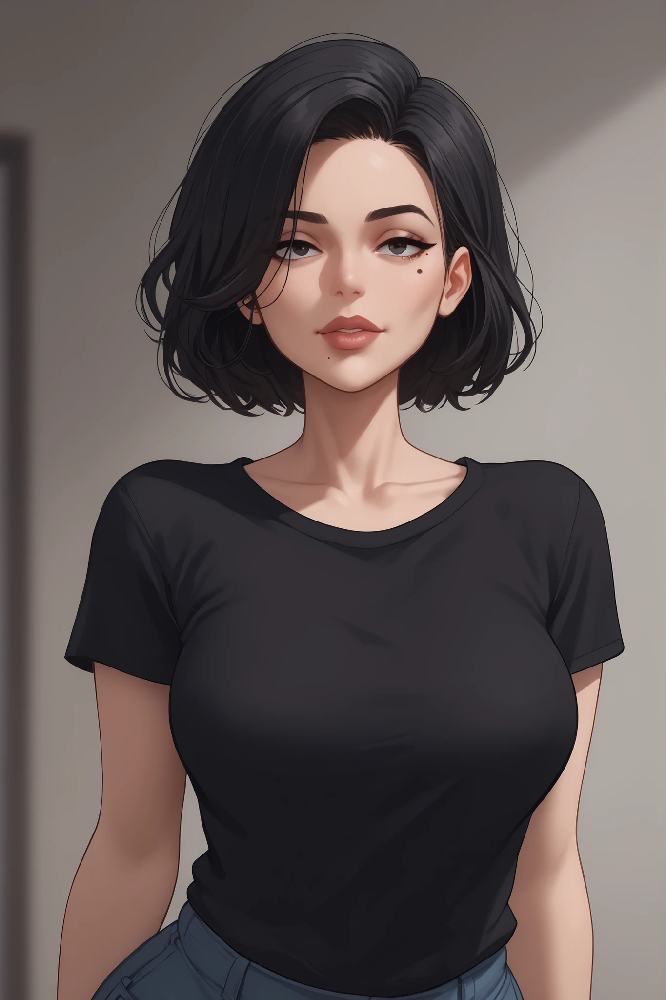 tall, milf, beauty mark, medium breasts, cool face, brunnete, short curvy hair, black hair, (((character for visual novel))),black t shirt only