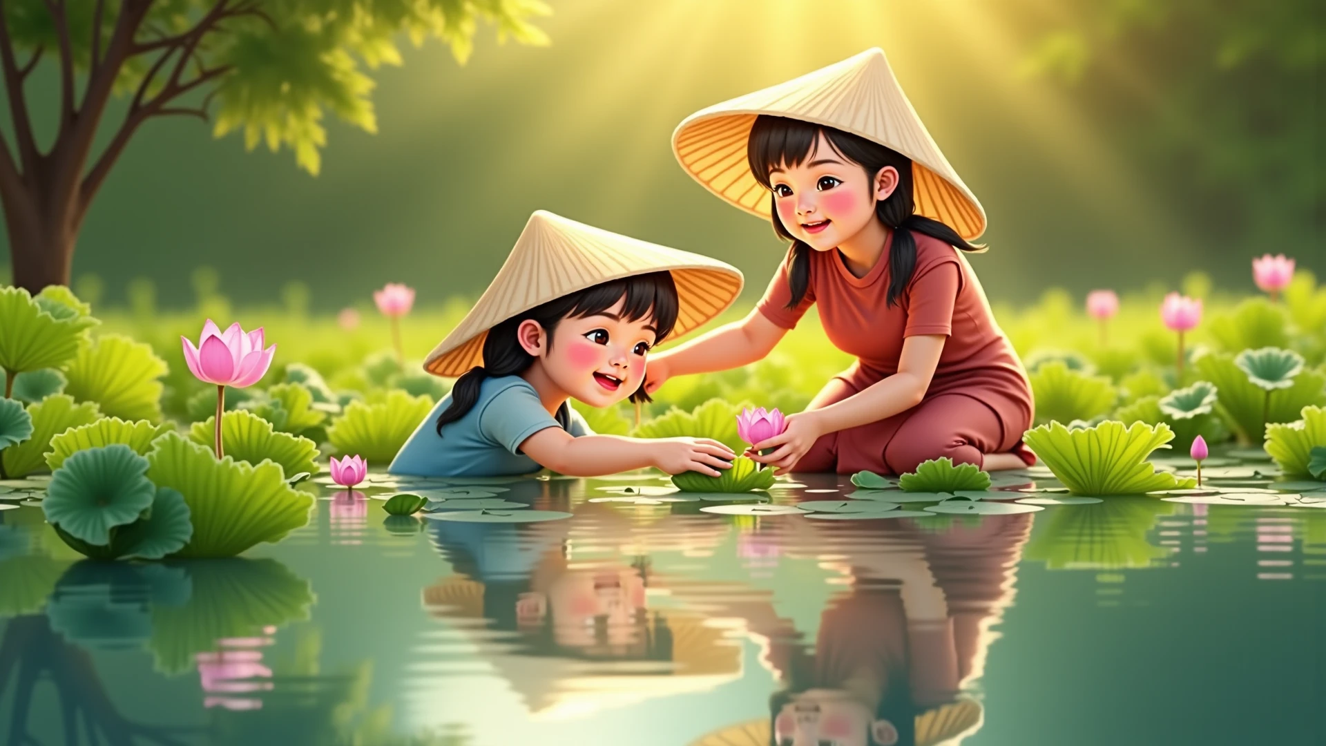 3 children picking lotus flowers in the lotus pond playing，Show a happy smile，The sun shines softly on the water，bird's eyes view，a cartoon illustration