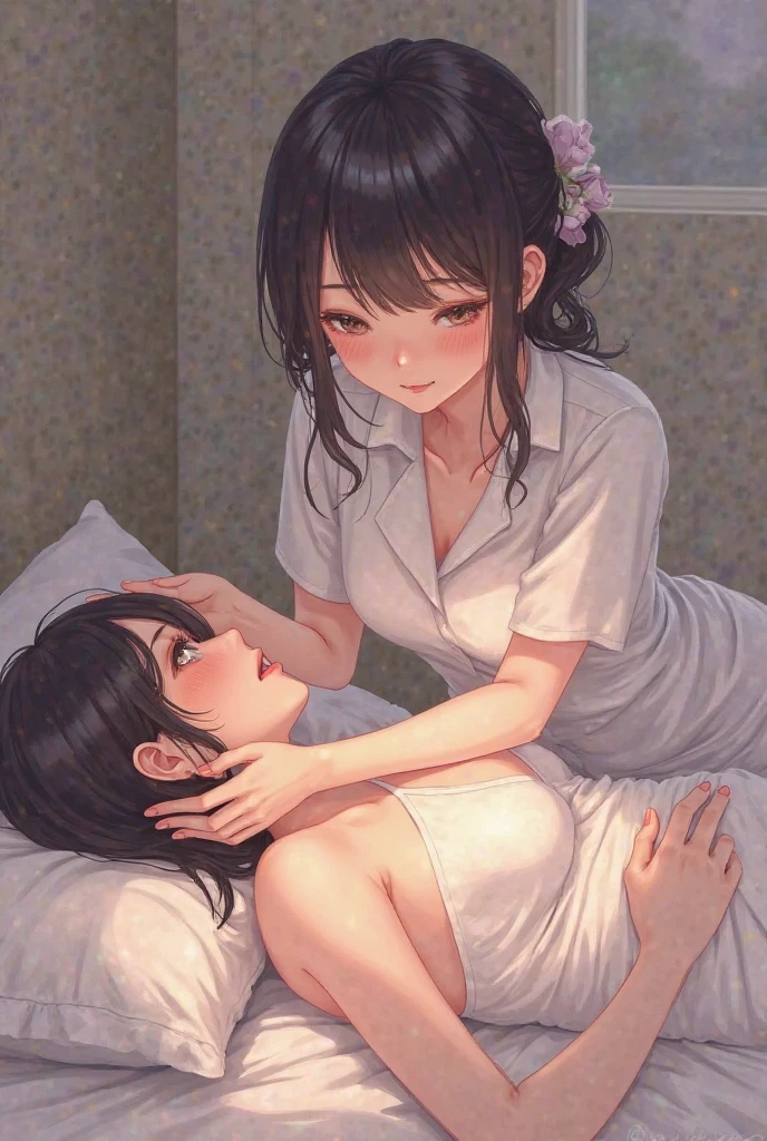 Adult woman taking care of a sick person in anime drawing