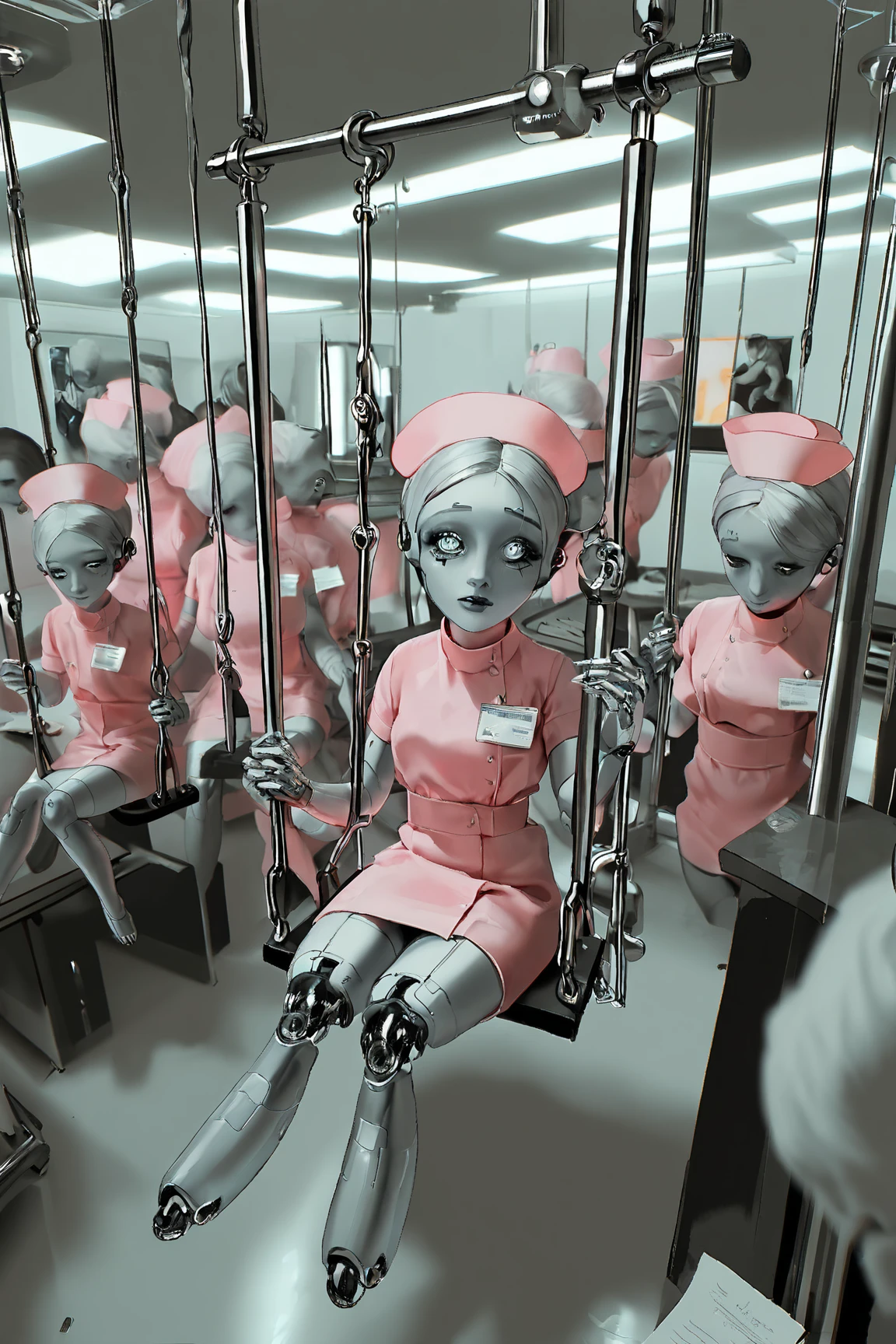 foto realistic ,high detailed,16K,about nurse with big head, holding a syringe, wearing laboratory outfit, with high heels,in the mix dark and green, abondoned futuristic lab background, spooky but funny atmosphere