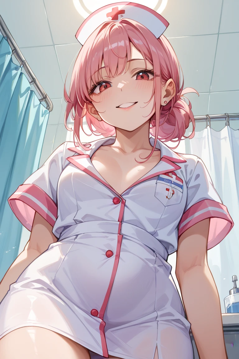 1girl, solo, nurse, nurse cap, white wear, ((white legwear, zettai ryouiki)), long skirt, white gloves, ponytail, green hair, pink eyes, smile, twerking, ((bedroom)), sharp outline, short sleeves, best quality, masterpiece