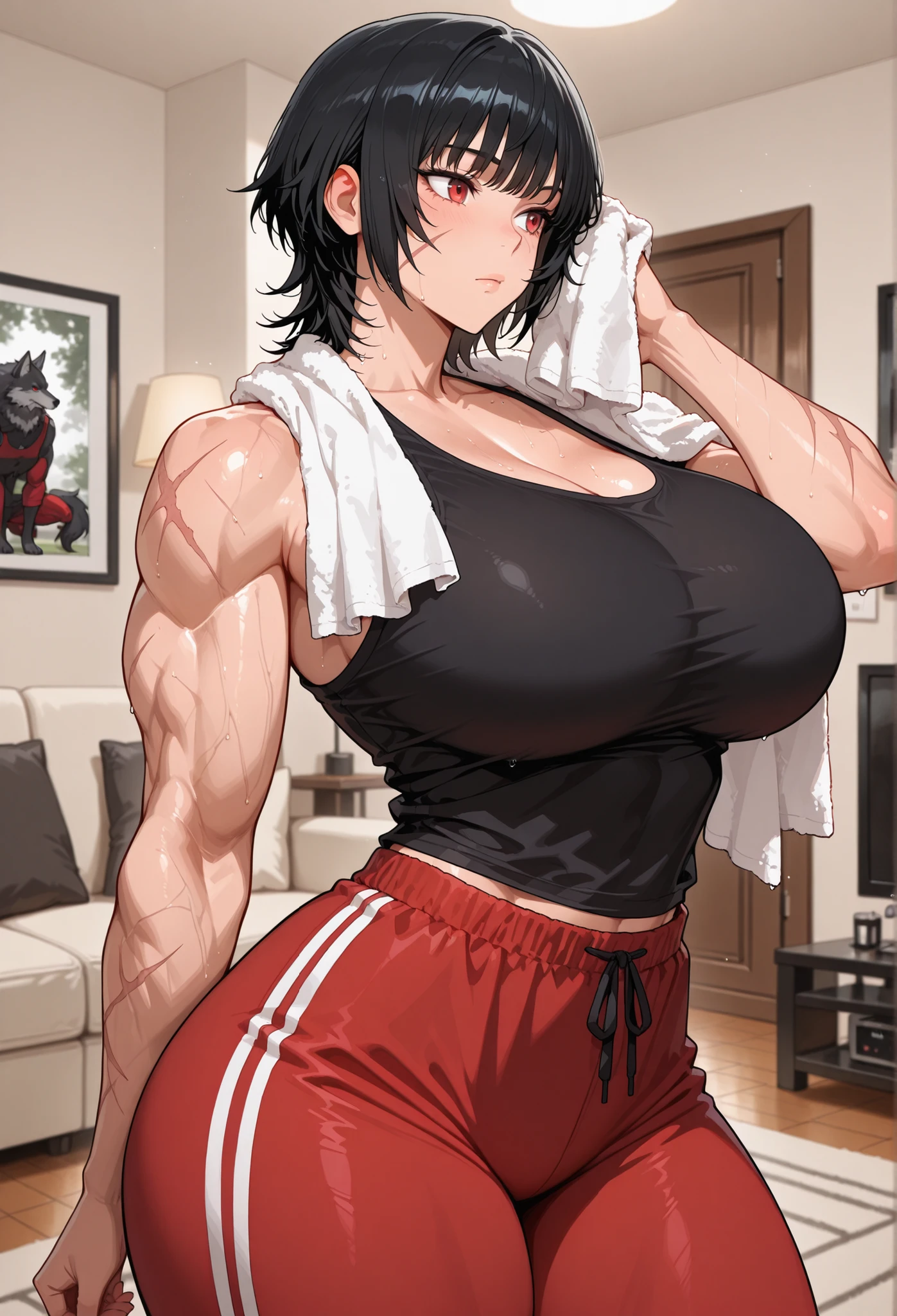 Boy, male body, adult, girl face, seductive face, seductive look, redhead, wolf cut hair, perfect body, fit body, thin waist, fulfilled sleeve shirt, muscular, small female chest, cycling shorts with pretuberance, pretuberance, sissy, femboy