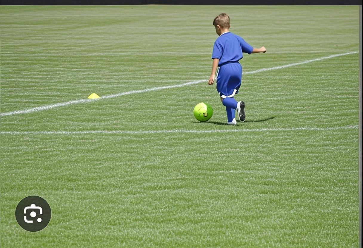 Photo of a child playing ball with their back to the camera,
on football field 
