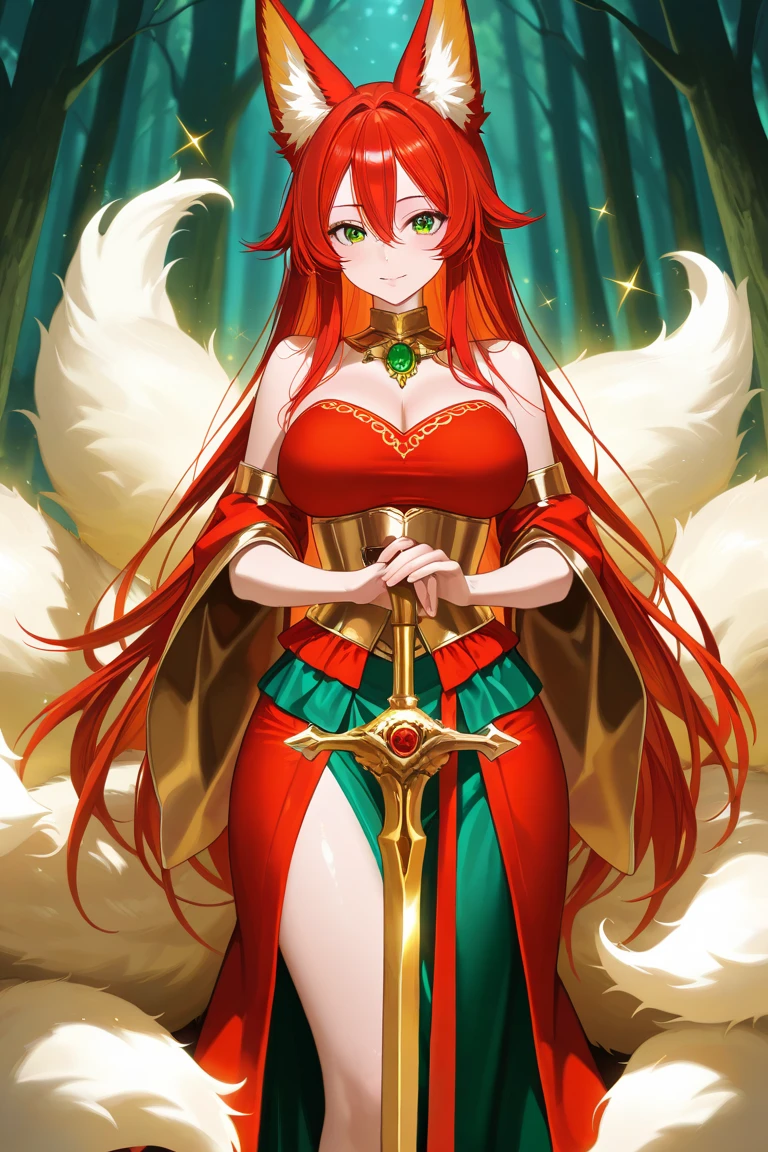 guardian dragon woman, priestess of fire who controls and creates stars, clothes with lots of hanging veils and lots of fabric, with green eyes, red and green horns, his long red hair with green tips or roots with moths in his full body hair and large dragon wings. and another pair of angel wings