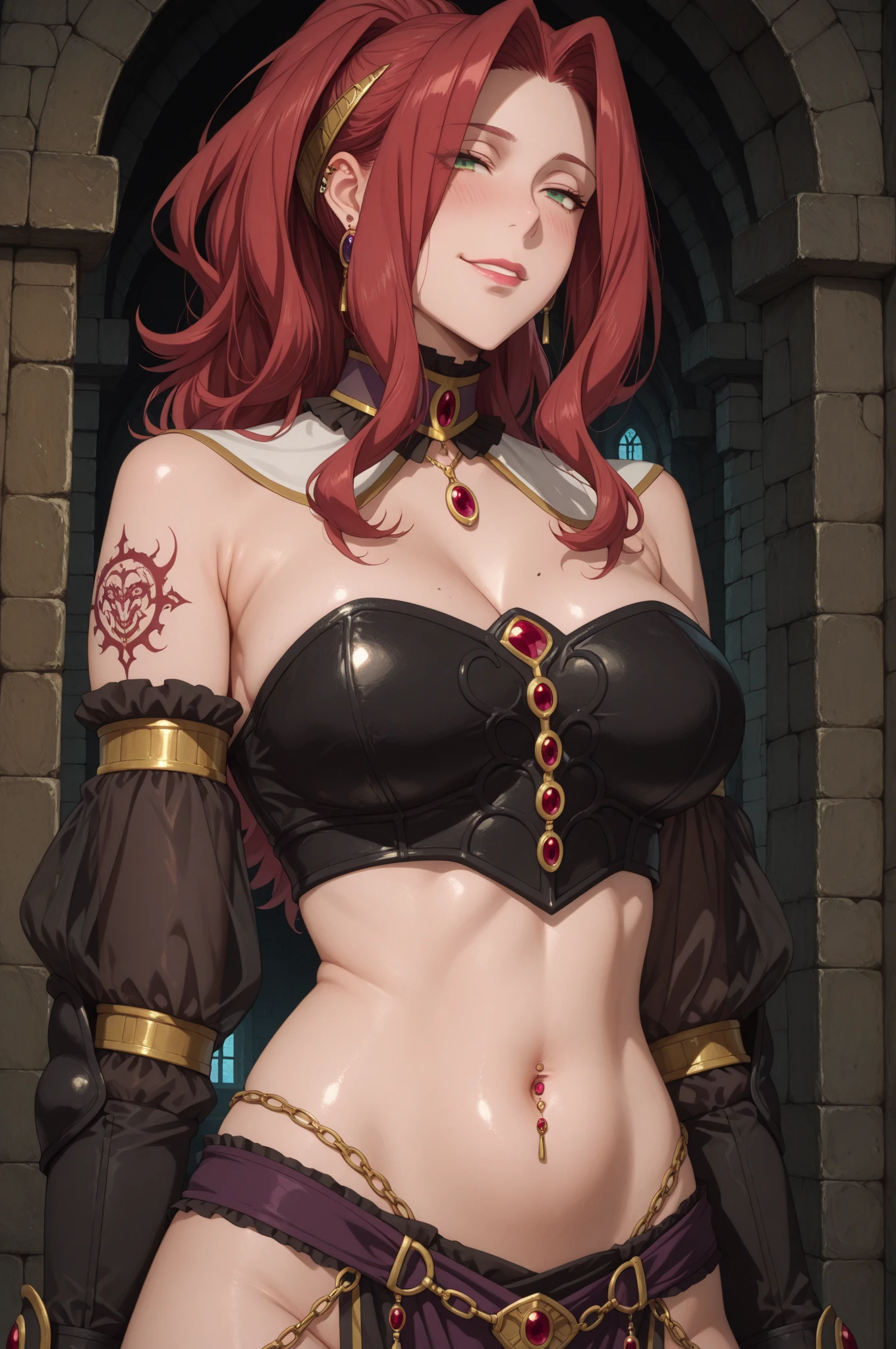 Desert_Sorceress_outfit, 1girl, solo, thighhighs, breasts, gloves, red_hair, glowing red_eyes, deep_eyes, elbow_gloves, large_breasts, cleavage, navel, underwear, hood, shaded_face, eyes_in_shadow, fireball, magic, smirk, dominant female, femdom, dommy-mommy