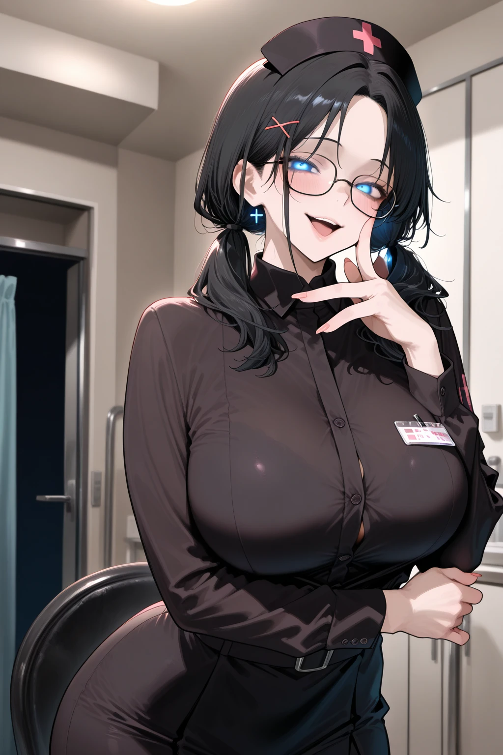 masterpiece, best quality, 1girl, solo, ether, labcoat, off shoulder, sleeveless shirt, necktie, torn pantyhose, shorts, sitting, seiza, huge breasts, doctor, science, laboratory, pouch, :D, looking at viewer, intravenous drip