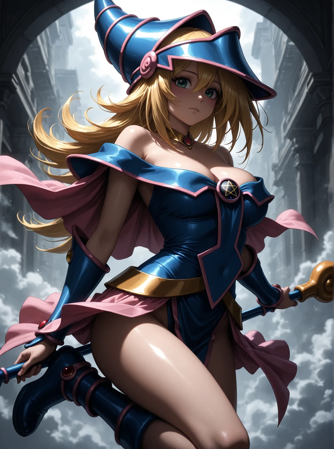 (Obra maestra:1.2), (La mejor calidad:1.2), perfect lighting, Chica Maga Oscura lanzando un hechizo, flotando en el aire, tetas grandes, escote, fondo de magia. Corazones transparente en el hambiente, bata azul, sombrero grande, desde arriba, Destellos, Yugioh Card en el fondo