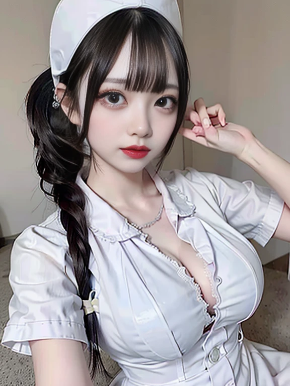 delicate, masterpiece, beautiful, colorful, finely, intricate details,Lip details,grace,,(1 girl:1.1),alone, (beautiful30歳のセクシーな韓国の女の子:1.2), Instagram, (K-POP idol, korean mixed), (black hair+tied up:1.3), (50mm sigma f/1.4 Zeiss lens, F1.4, 1/800 series, iso100, photo shoot:1.1), (big breasts:1.1), (realistic:0.8),hospital, sunlight,Are standing,(sexy nurse, nurse cap :1.2),smile,earrings,