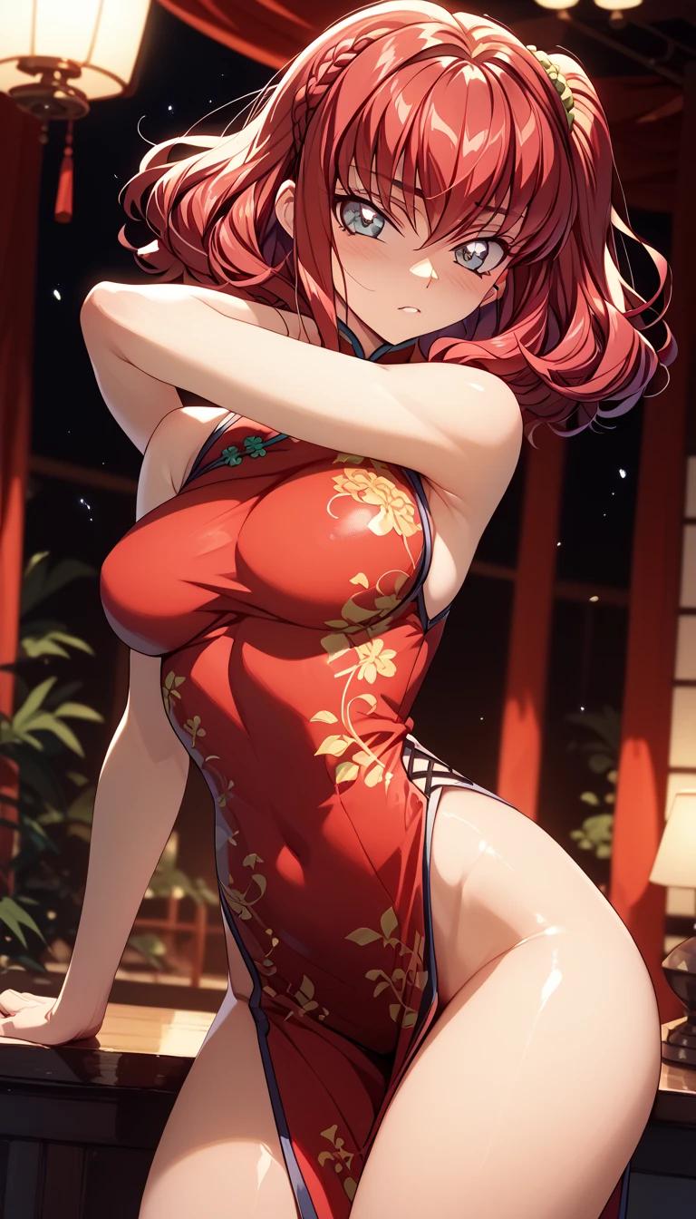 cute girl, shortstackbt, curly hair, long ponytail, broad lips, in a party, bright party dress, colorful, shy pose, blush, makeup, big breasts