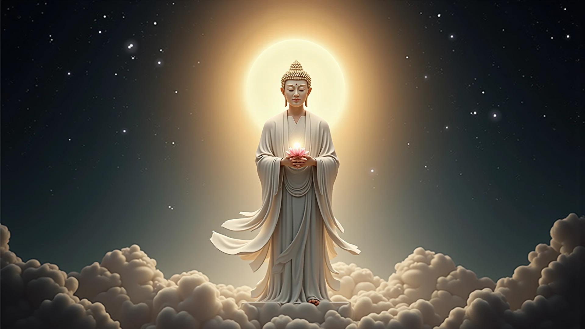 Buddha stand on earth galaxy stars glowing