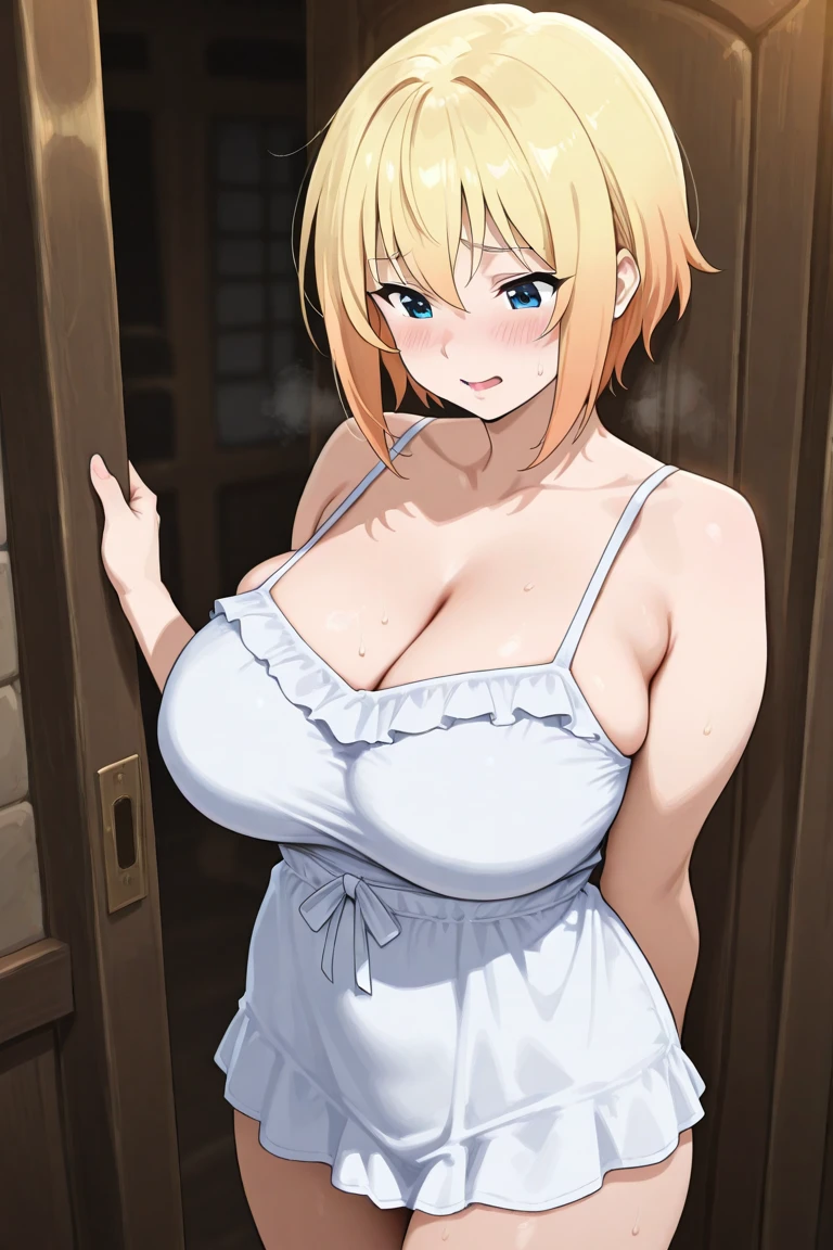 Tabletop, highest quality,figure, wallpaper, Super detailed, Absurd beauty、1 beautiful girl、 (Blonde、short hair、Wavy Hair、Ample breasts、Very large breasts、clavicle) , Fold your arms under your chest、Keep your head small、Accentuate your cleavage、Casual clothing、Off the shoulder、Knitted sweater、skirt、great outdoors、In town、Get angry、Bad mood