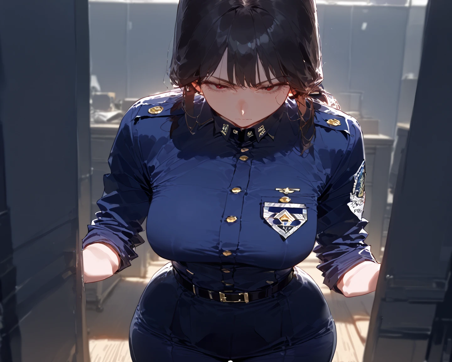 highest quality,masterpiece,8k,((1girl,1man:1.3)),((((((10 years old)))))),((big breasts:1.3)),blush, sweat,black hair,long hair,((policewoman:1.3)),mini skirt,lift skirt,upskirt,white panties,black thighhighs,open legs,((tied wrist, handcuffs, arms up, blindfold:1.1))