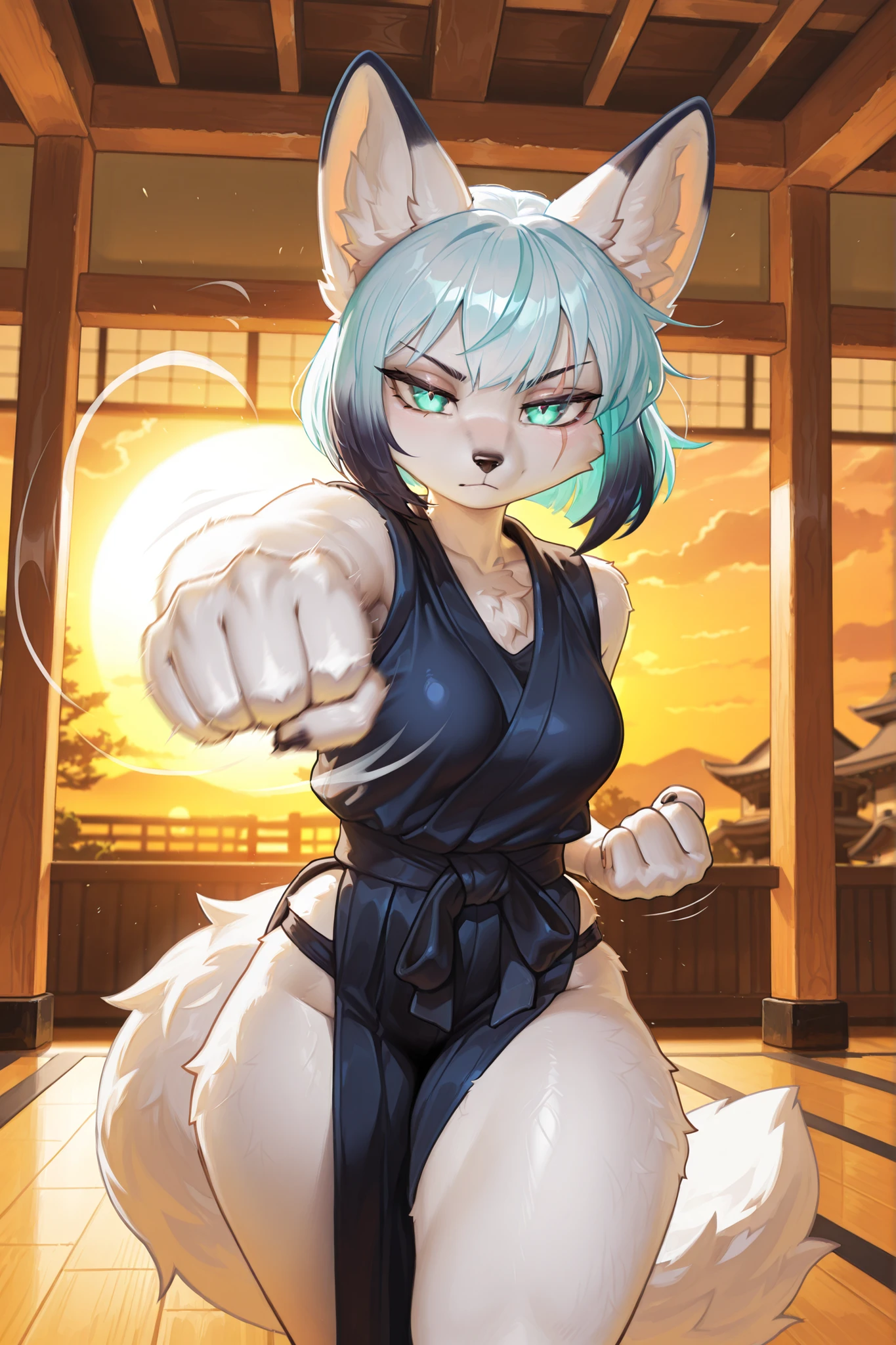 masterpiece, best quality, amazing quality, very aesthetic, high resolution, ultra-detailed, absurdres, newest, scenery, contrast lighting, side lighting, masterpiece, best quality, newest, absurdres, highres, amazing quality, very aesthetic, no lineart, cinematic, dynamic angle, solo, serious expression, 1girl, anthro, furry, white fur, fluffy fur, white fox girl, furry, white fox ears, animal nose, cute eyes, (cyan eyes), white fox tail, (cyan hair), short hair, (straight hair), solo, (dojo), sunset, detailed, (shinobi shozoku), (eye scar), medium breast, thick thighs, half-closed eyes, 1girl, p4nch, looking at viewer, punching, clenched hand, motion lines, motion blur,background\(dojo\), dynamic camera angle