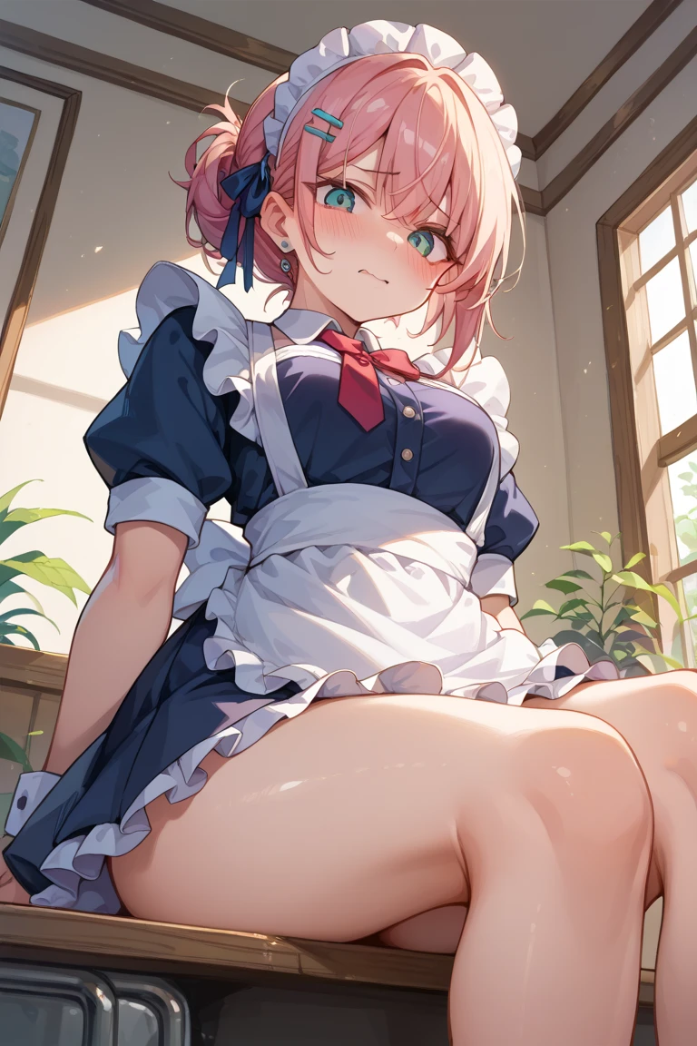 highest quality、masterpiece、((1 girl:1.5))、((smile:1.3))、(blush:1.4)、Black Shirt、blouse、((fun!!))、(Small breasts)、(Pink)、Blonde、(Long sleeve)、((White apron:1.5))、((Maid))、((hair ornaments)),、Kamimei、look at me、 ((in house:1.5))、 Taking a break from watching the audience、Cowboy Shot、((Shaved:1.5))、(Roll-up skirt:1.3)、(Fully exposed and highly detailed labia:1.5)、((Skirt lift:1.5)),()、()、、(スカート that rolls up:1.3)、()、Light blue eyes、long hair、Glowing Eyes