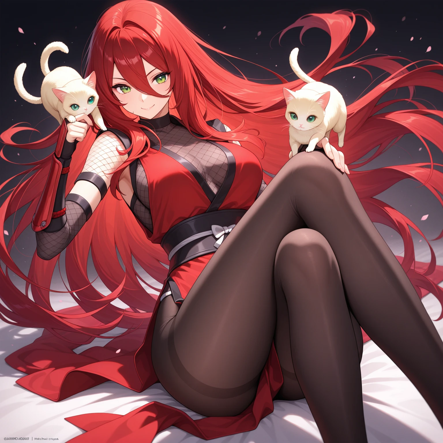 Black with red woman with a cat on her head wearing meid clothes