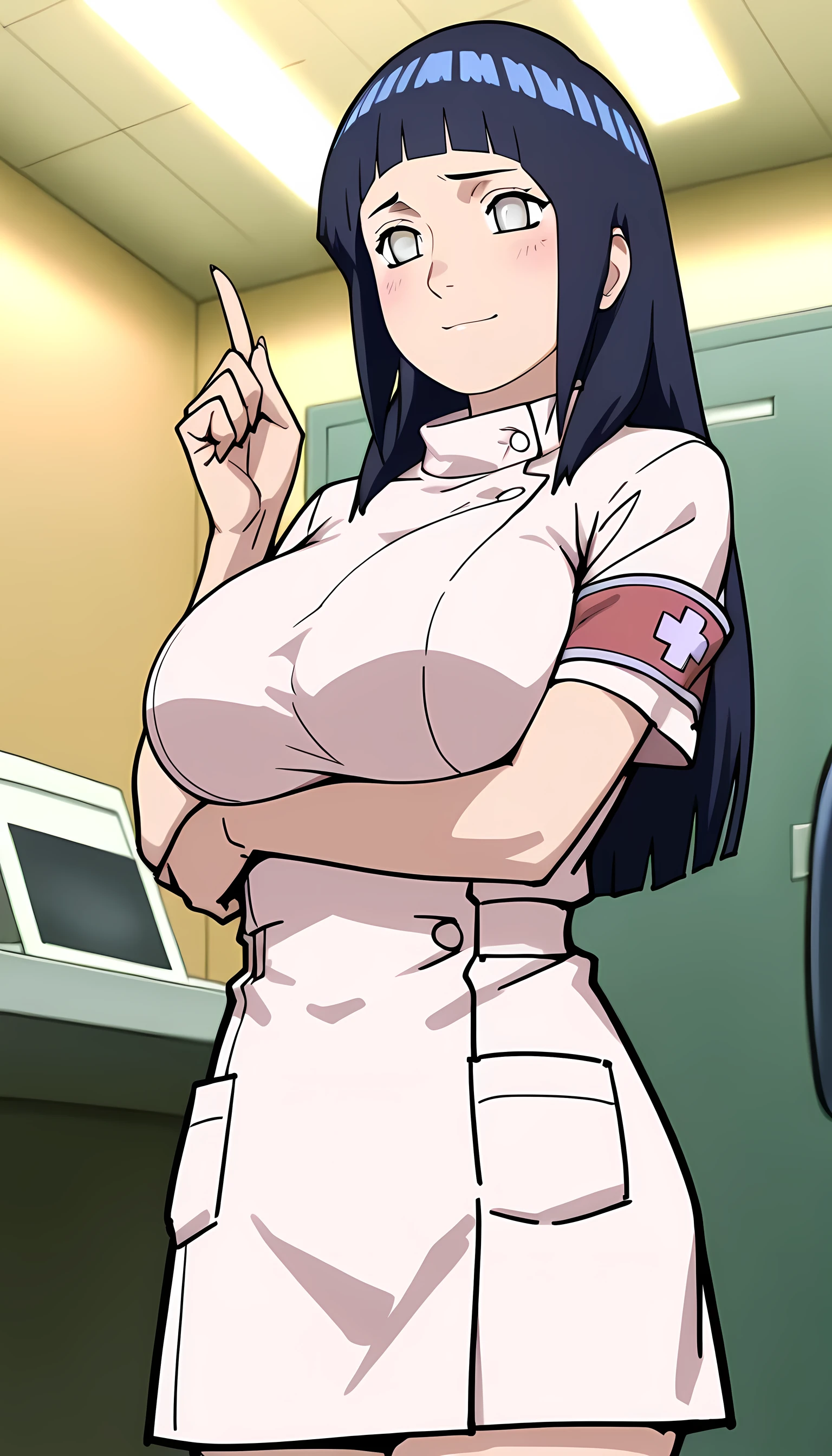 alone, 1 girl, source anime, Hiwa Hinata, long hair, blue hair, Bob cut hair, Gray eyes, big breasts, Wearing a nurse's uniform, makes a cheerful bright gesture, Gorgeous than anyone, Examination room background
