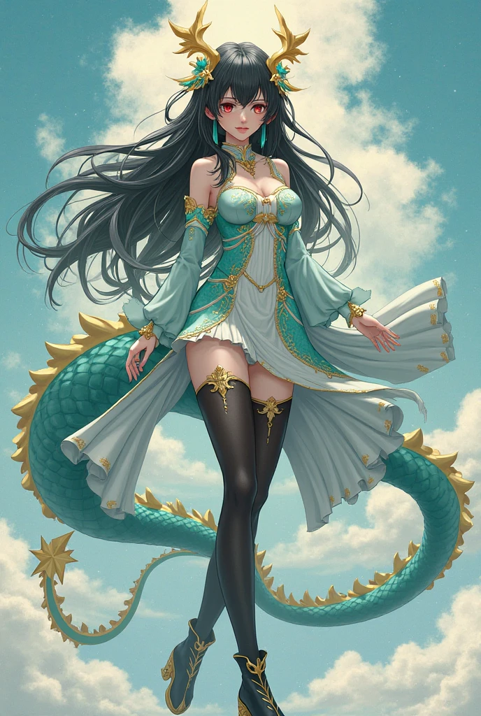 (masterpiece, top quality, best quality, watercolor (medium), official art, beautiful and aesthetic:1.2), (1girl:1.3), (fractal art:1.3), upper body, from back, back viewing, patterns, (rainbow color Hair, colorful hair, half sky blue and half light pink hair:1.2), white dress, back bold open clothes, wind, water, liquid, cloud, colorful, starry, stars, floating hairs, (huge dragon tattoo with her back), seductive, attractive, classy, fantastic, fashion, seductive posing, hydrangea flower, floating hydrangea flower, perfect anatomy, Japanese anime style, concept art by Kyoto animation,