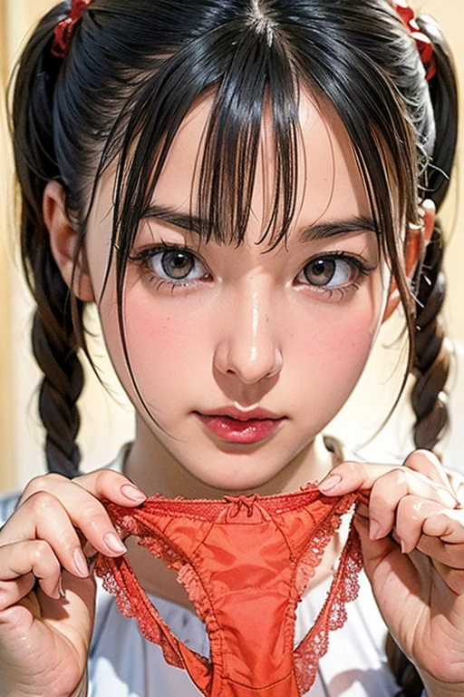 Very big panties、Strawberry print panties、ponytail、bangs、Face is close、Close face、Panties in front、Showing panties、Very big panties、Pretty big panties