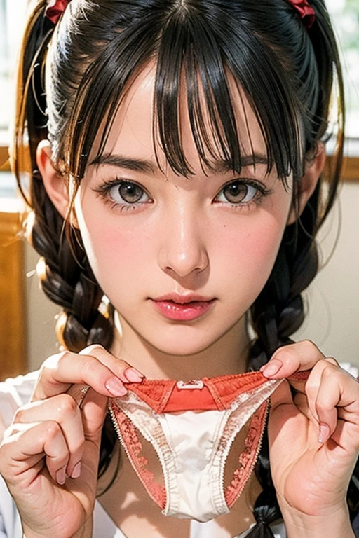 Very large random pattern panties、ponytail、bangs、Face is close、Close face、Panties in front、Showing panties、Very big panties、Pretty big panties