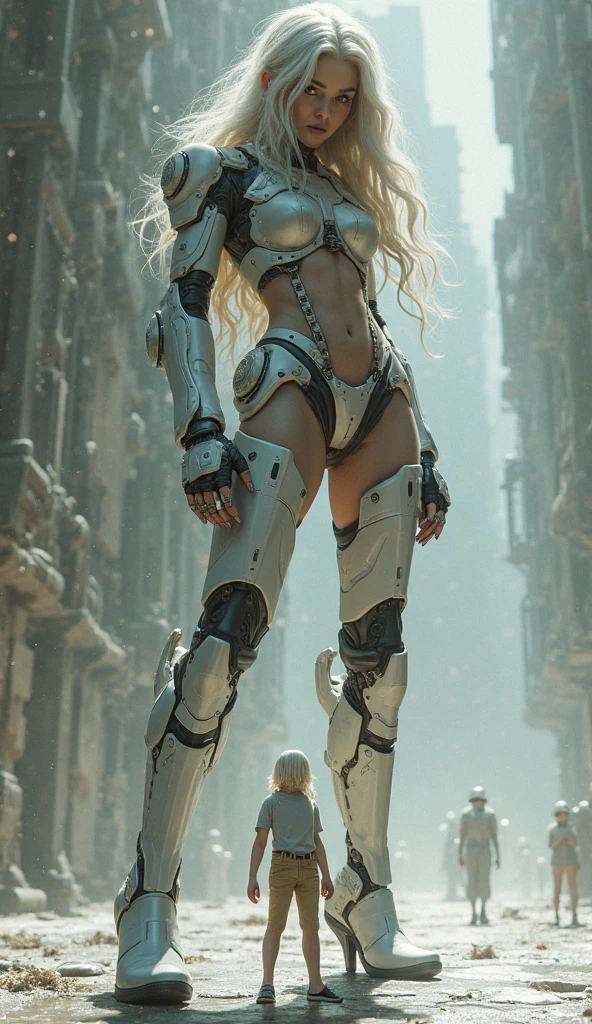 1 girl, rough skin, Super detailed, advanced details, high quality, 最high quality, High resolution, 1080P, hard disk, beautiful,blonde, (Hair floating in the strong wind from below:1.4), , Futuristic shiny metal mech,Bust top covered with mecha, mecha limbs, The crotch area is rawhide, Exposed skin from the sides to the buttocks, wide exposed lower abdomen, Side Boo Boo, Underboo Boo, Most of the raw skin is exposed, almost naked, full body shot, (((low landing attitude with wide open legs,,:1.4))), clear sky, Background of a ruined city, Burning flame, background bokeh,