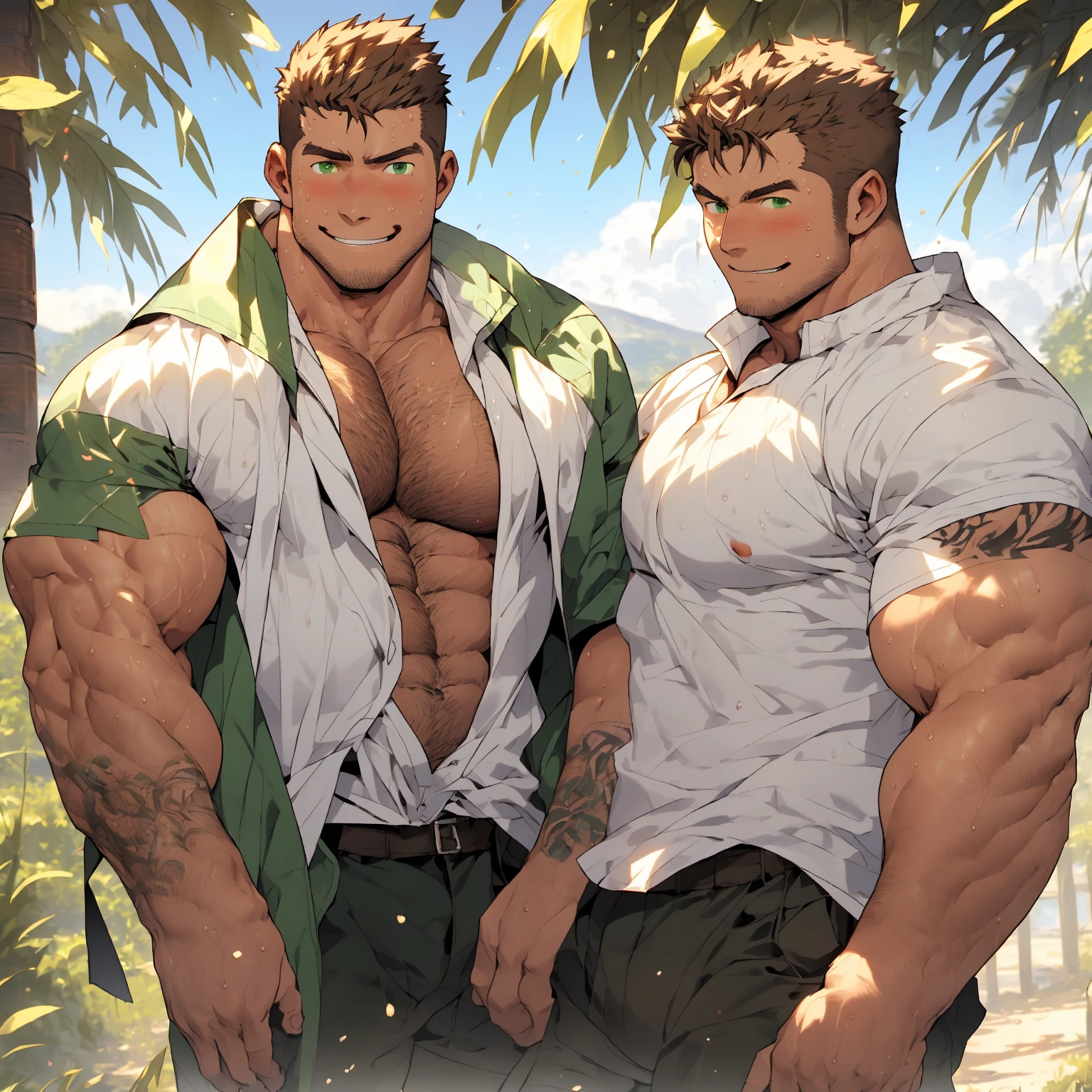 Bara manga styled masterpiece. Highly detailed. 8k. High res. Two headed man standing in a beach area. Anatomy of a dicephalic parapagus man. Anatomically correct proportions of an exaggerated muscular man. The right half of the body belong to a Caucasian male of 40 years, with blond hair, green eyes, and stubble. The left half of the body belong to a South East Asian male of 25 years, with black hair, black eyes. Noticeable age different. Noticeable asymmetry due to age. Shares one body. Conjoined men. Two-headed man. Muscular physique. Hairy body. Broad chest and wide shoulders. Right head has angry expression. Left head has panting, blushing expression. Sweaty. Covered with drops of water. Backyard background with grass and fence.